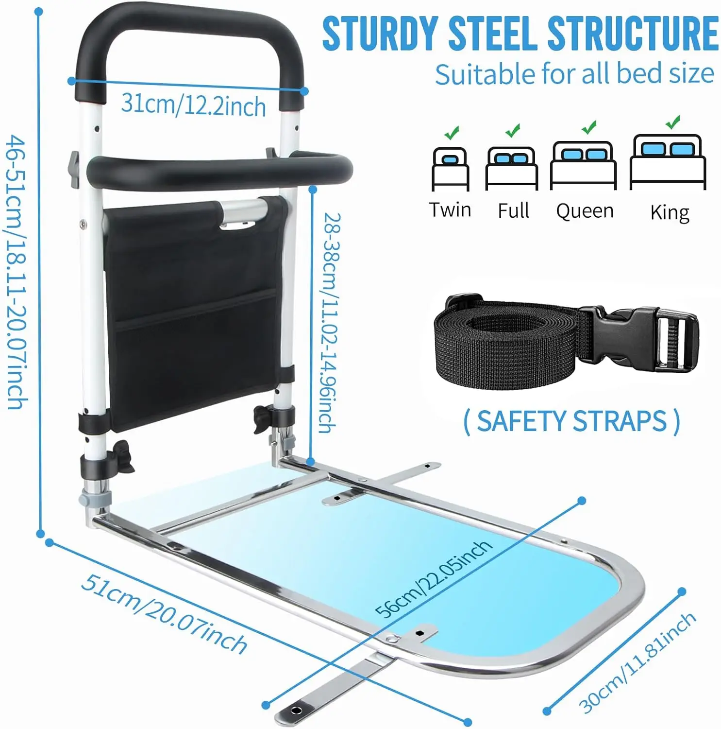 Bed Rails for Seniors with Built-in Bed Alarm & Night Light, Bed Assist Rails for Elderly Adults Safety, Bed Guard Rails