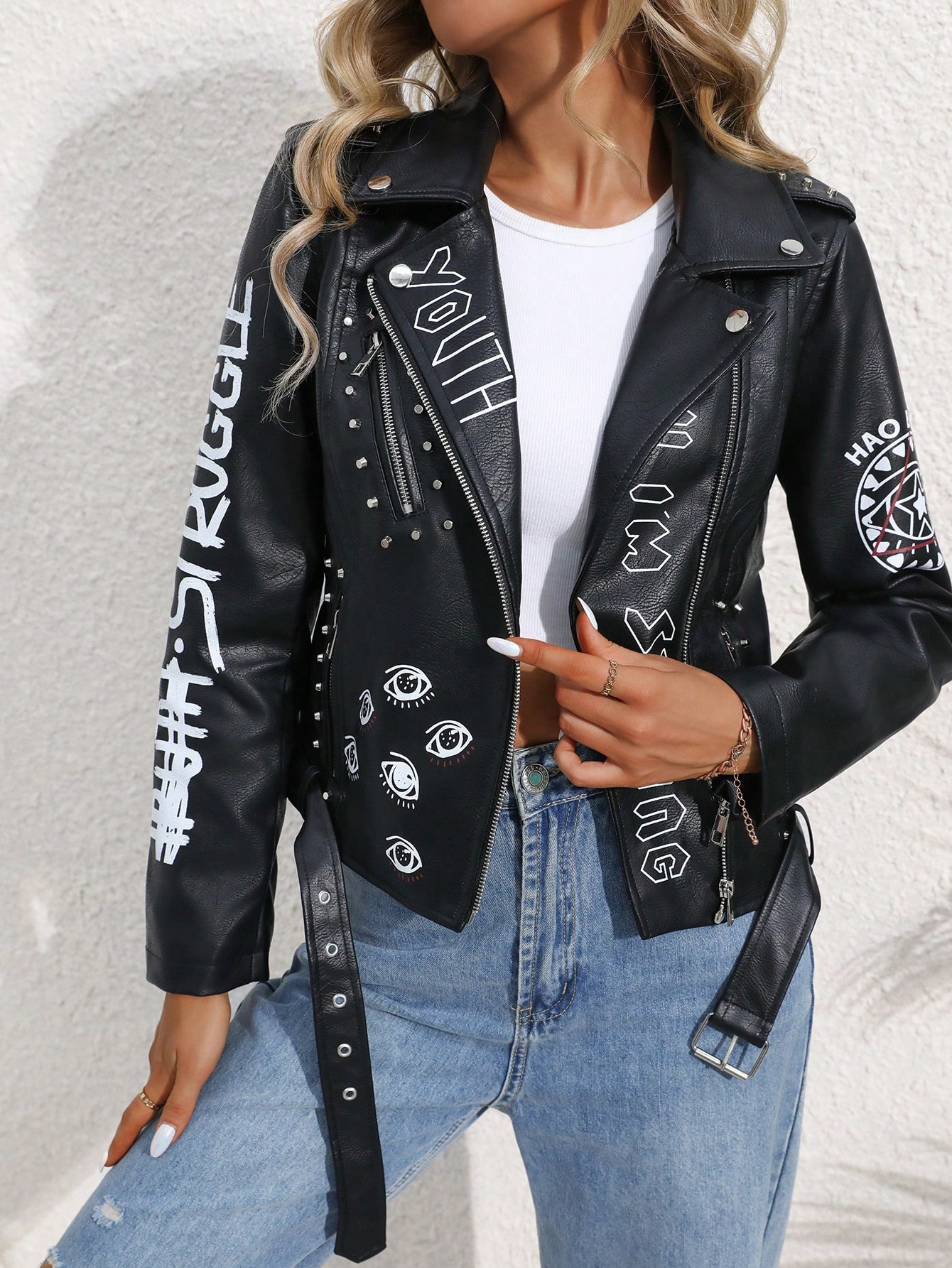 Fitaylor Frauen Faux PU Leder Jacke Casual Dame Revers Zipper Graffiti Print Leder Mantel Moto Bike Niet Outwear