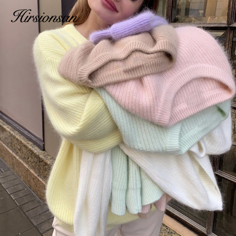 Hirsionsan Weiche Lose Gestrickte Kaschmir Pullover Frauen 2023 Neue Winter Lose Feste Weibliche Pullover Warme Grundlegende Strickwaren Jumper