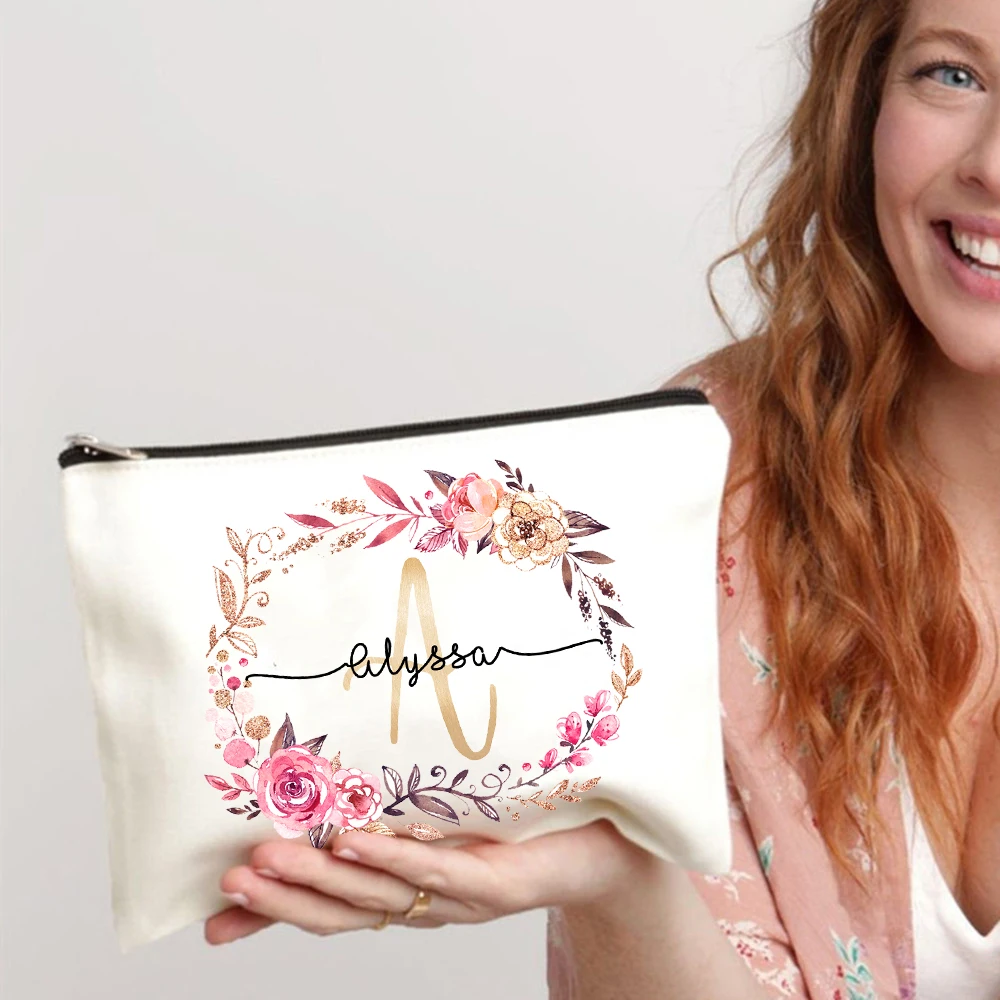 Personalized Initial with Name Makeup Bag Bridal Cosmetic Case Canvas Monogram Toiletry Pouch Birthday Wedding Bridesmaid Gifts