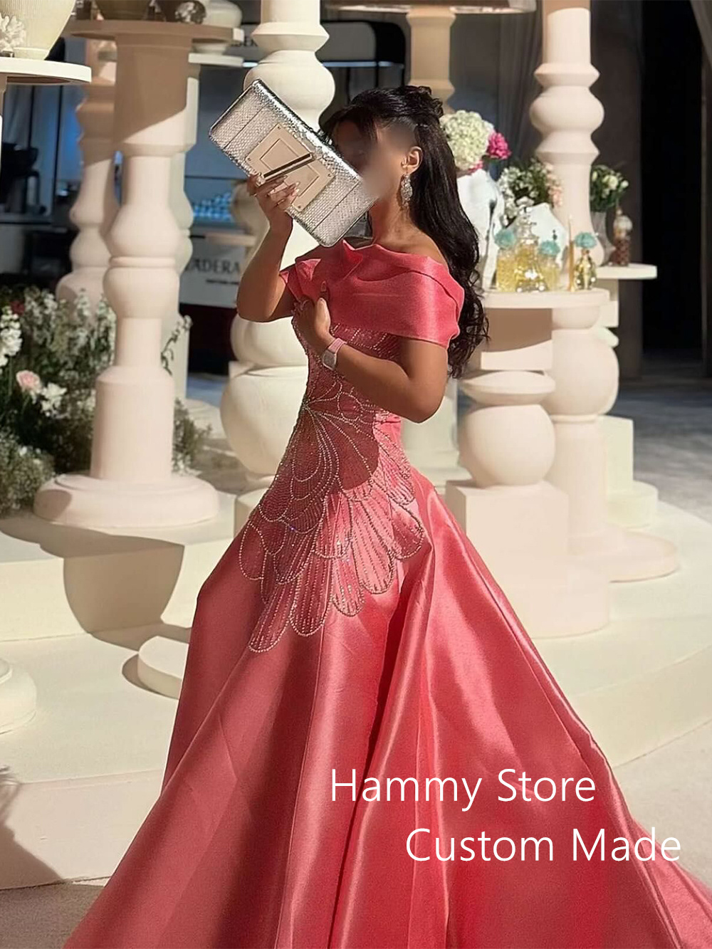 Robe de Soirée en Satin, Personnalisée, Col Bateau, Perles, Ligne A, Style Arabe