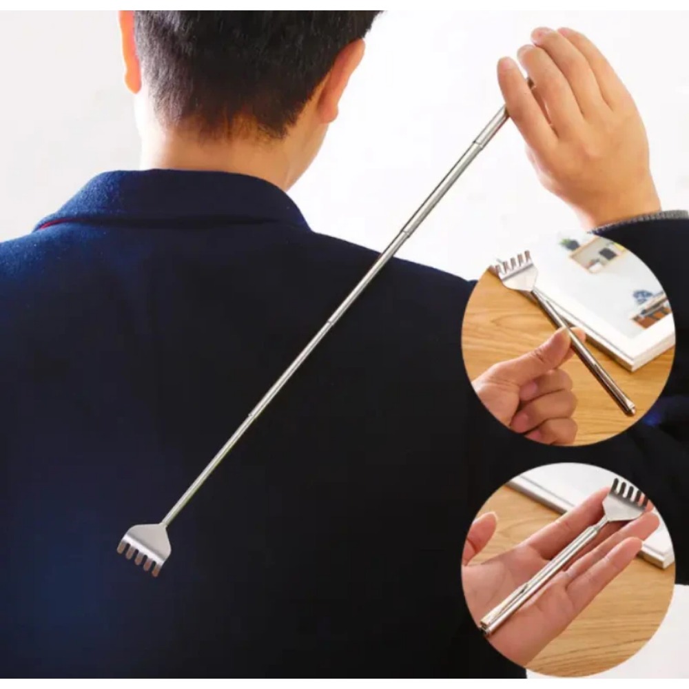 Praktisches Teleskop-Taschen-Kratzmassageset aus Edelstahl, praktischer Stiftclip, Rückenkratzer, Entspannungs-Rückenmassagegerät