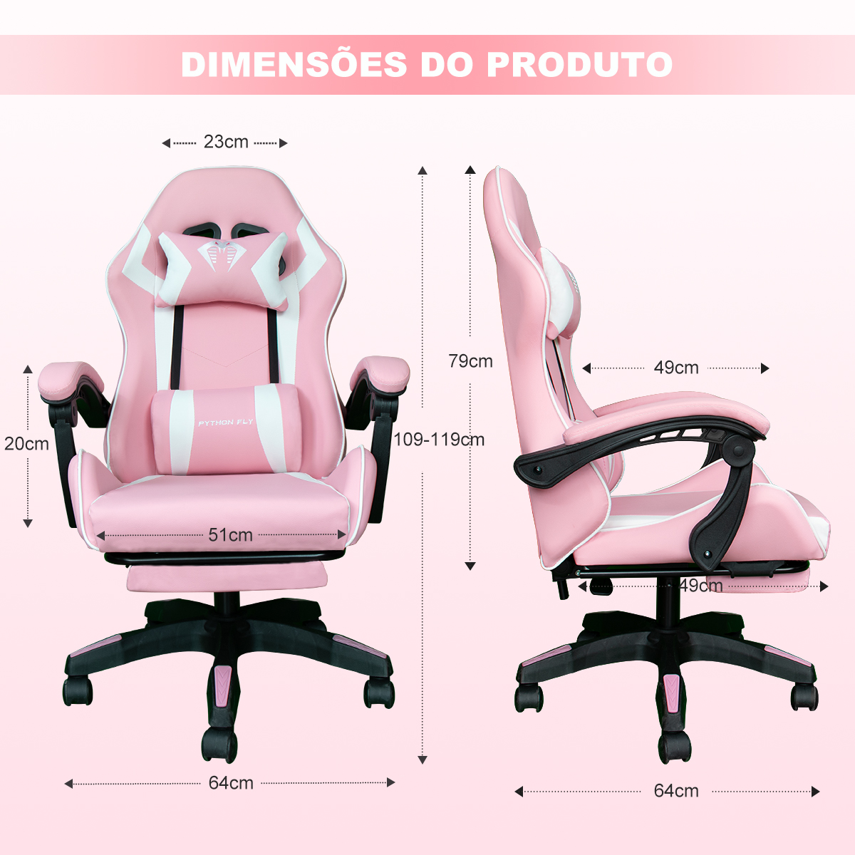 Cadeira ergonômica para jogos Python Fly Premium com apoio lombar, cadeira para jogos e lazer feminina, enviada do Brasil