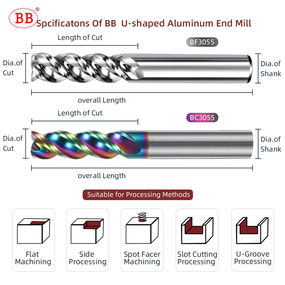 BB 3F End Mill 3 Flutes Aluminum Milling Cutter CNC High Performance Machining Tool Tungsten Carbide DLC Coated