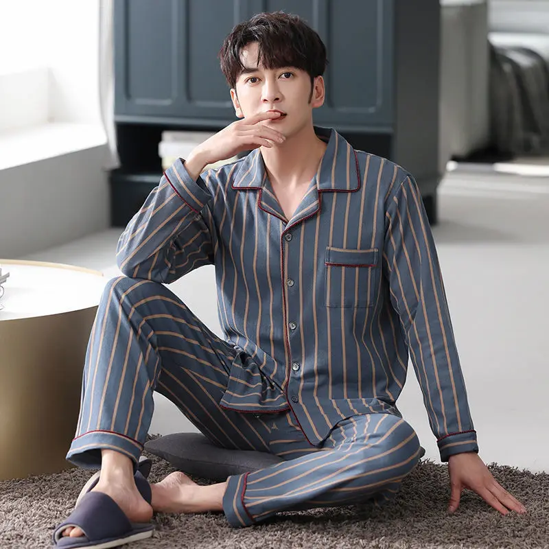 Baumwolle Herren Herbst und Winter langärmelige lange Hosen mittleren Alters dünner Abschnitt von Pyjamas Nachtwäsche Homewear Anzug Loungewear