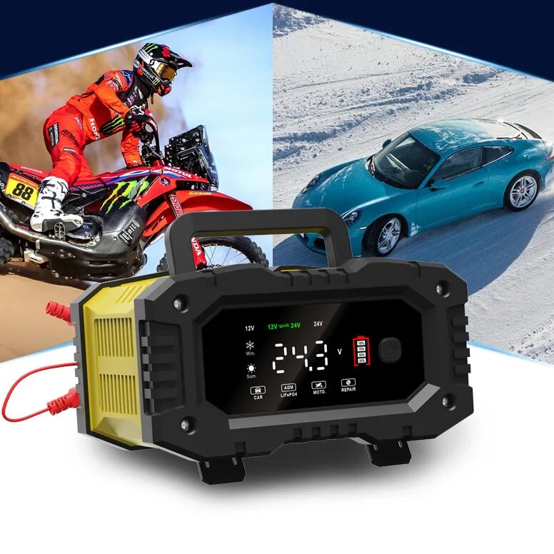 FOXSUR 20A/10A 車オートバイバッテリー充電器 12V/24V スマート充電器リチウム AGM ゲル鉛酸 LiFePO4 バッテリー充電器