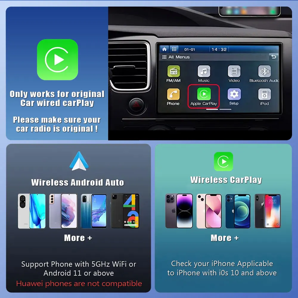 Hot Mini Wired zu Wireless 2 in 1 AI Box Carplay 5G Wif & Bluetooth 5.0 Android Auto Plug and Play Nicht-induktive Verbindung