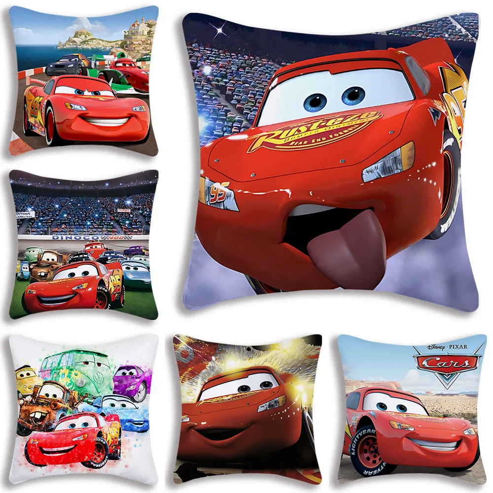 Fundas de almohada L-Lightning McQueen, funda de cojín bonita de felpa corta con estampado de doble cara para sofá de dibujos animados para el hogar
