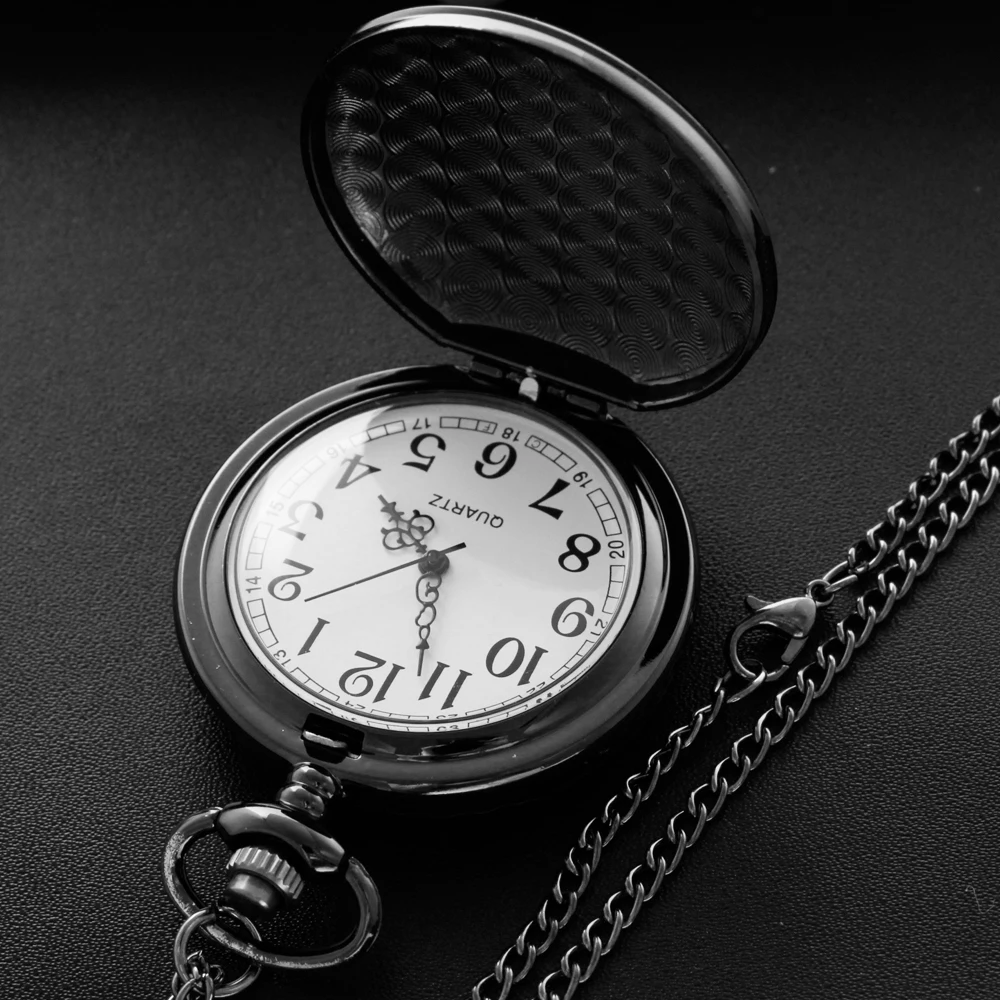 검은 그로테스크 웃는 얼굴 주머니 시계 빈티지 Steampunk 석영 주머니 시계 체인 남자와 여자의 생일 선물 JFC122