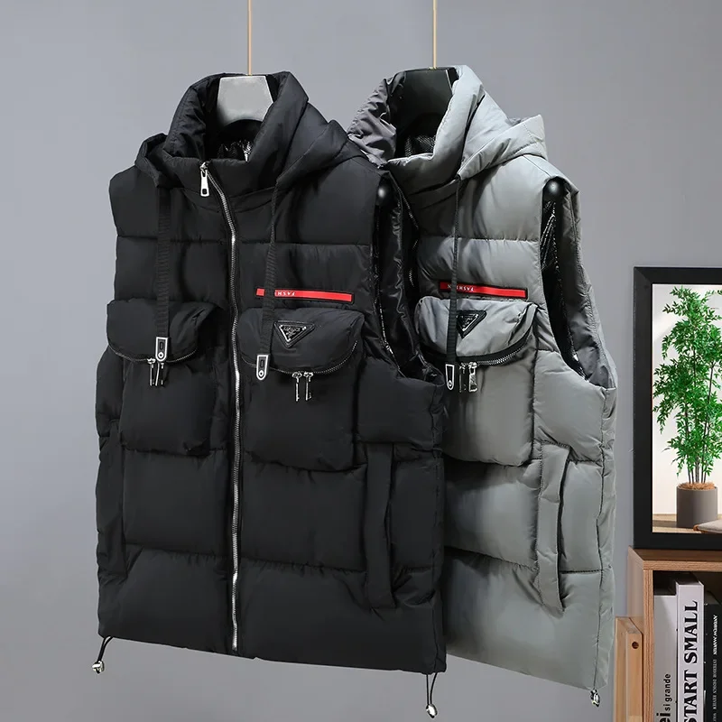Neu gepolsterte Weste Herren Winter Kapuze Reißverschluss Rollkragen ärmellose Jacke Herren Baumwolle Daunen Herbst warme Tasche Arbeitskleidung Weste