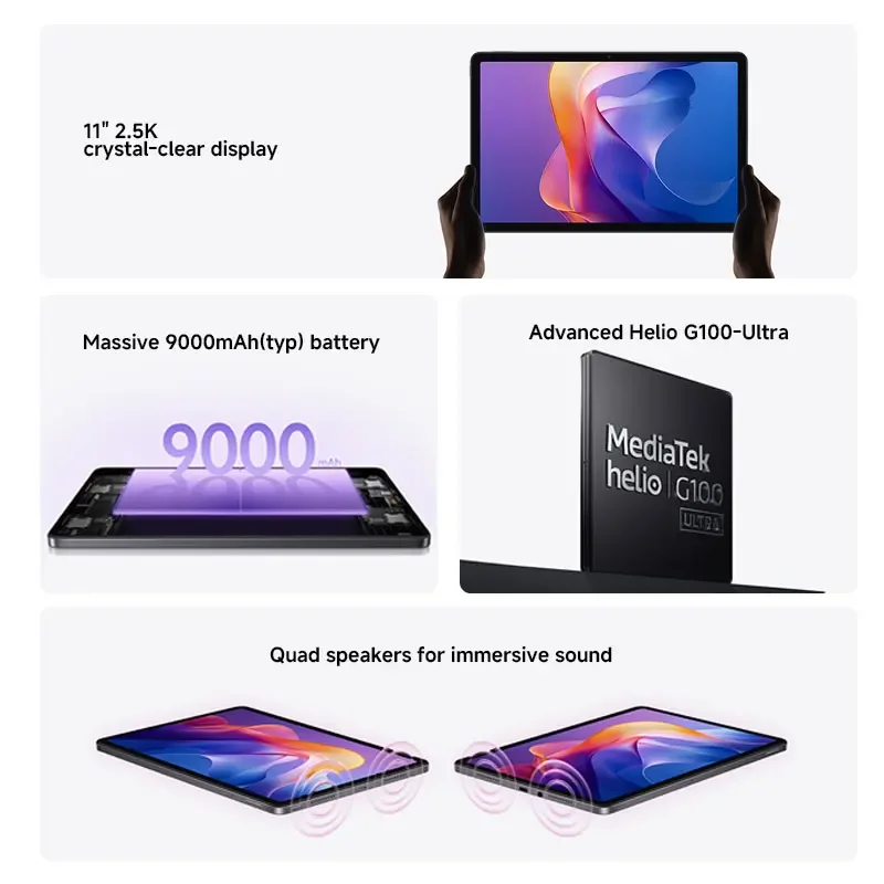 Глобальная версия Xiaomi Redmi Pad 2 Аккумулятор 9000 мАч MTK Helio G100-Ultra 11-дюймовый дисплей Быстрая зарядка Планшет 90 Гц 8 МП HD-камера