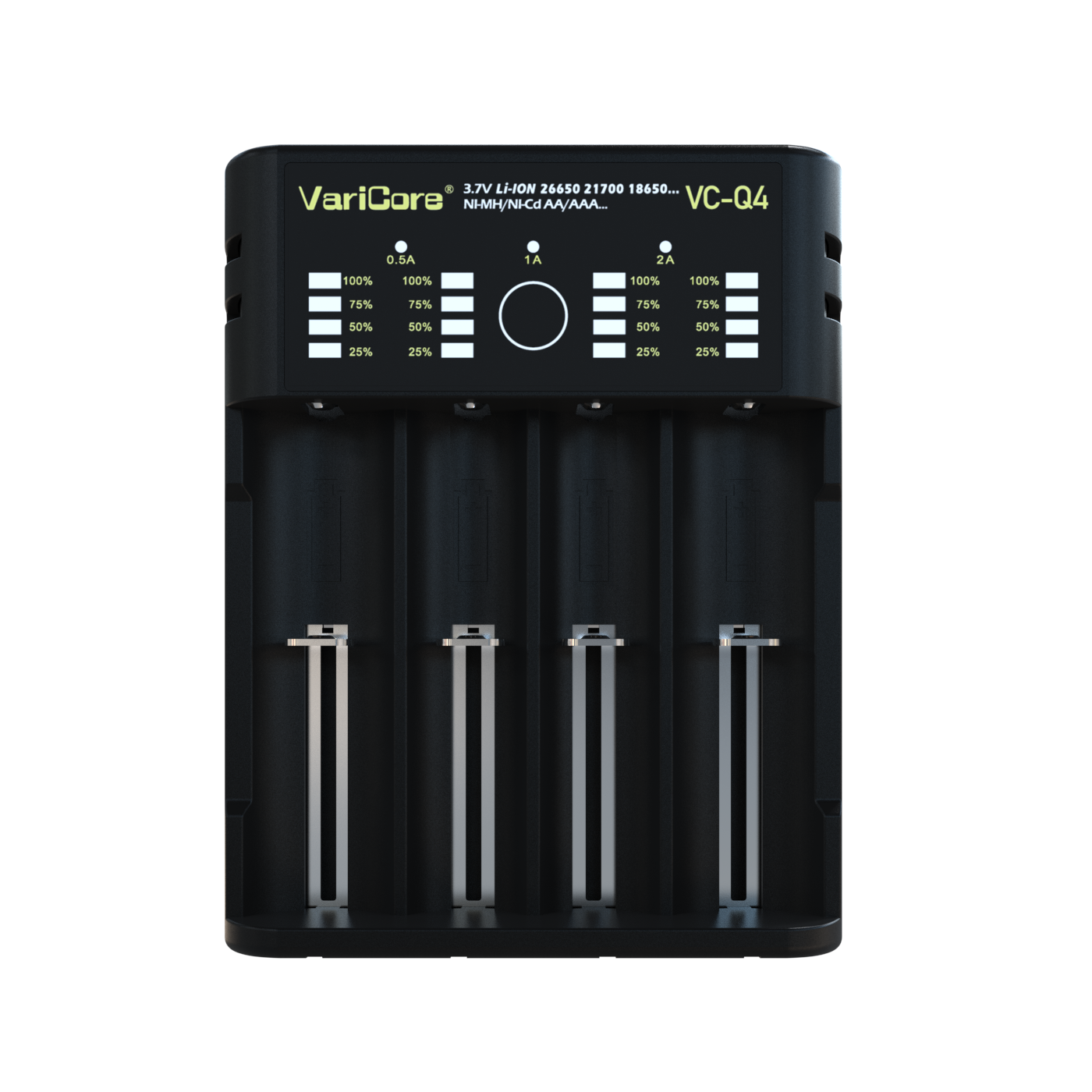 VariCore VCQ4 Carregador de bateria inteligente portátil de 4 slots para 3.7V Lítio 18650 26650 21700 18500 18350 1.2V NI-MH Ni-Cd AA AAA