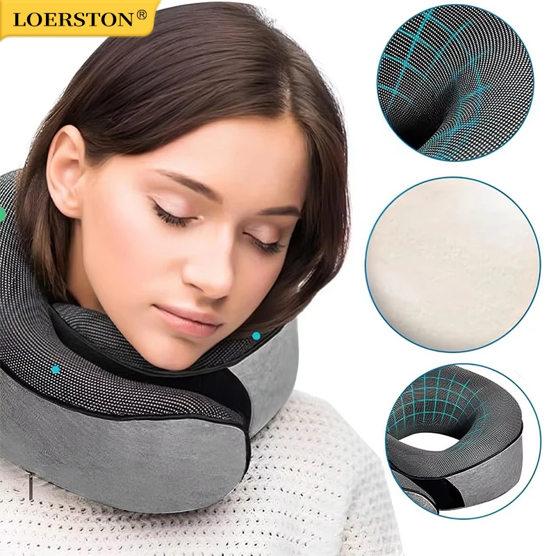 Almohada de viaje de espuma viscoelástica para el cuello, almohada en forma de U, estilo caracol, soporte para el cuello de viaje, almohadas para dormir suaves ajustables portátiles para romper el mediodía