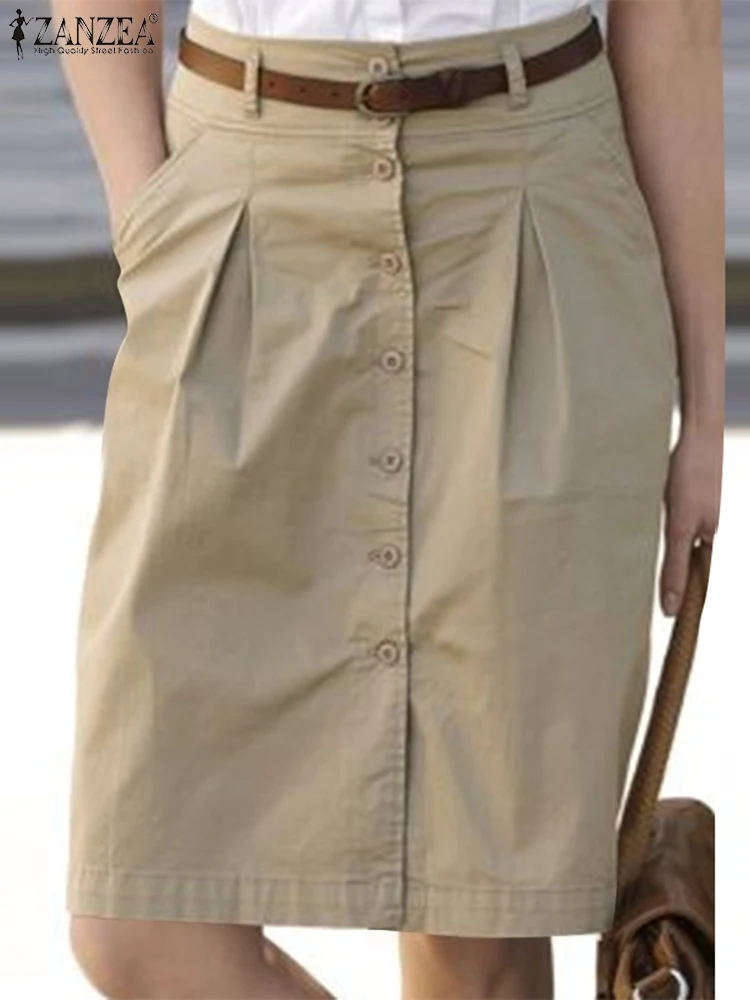 ZANZEA-Faldas de trabajo OL para mujer, falda elegante de cintura alta, bata plisada informal para mujer, Faldas Vintage con botones Saia