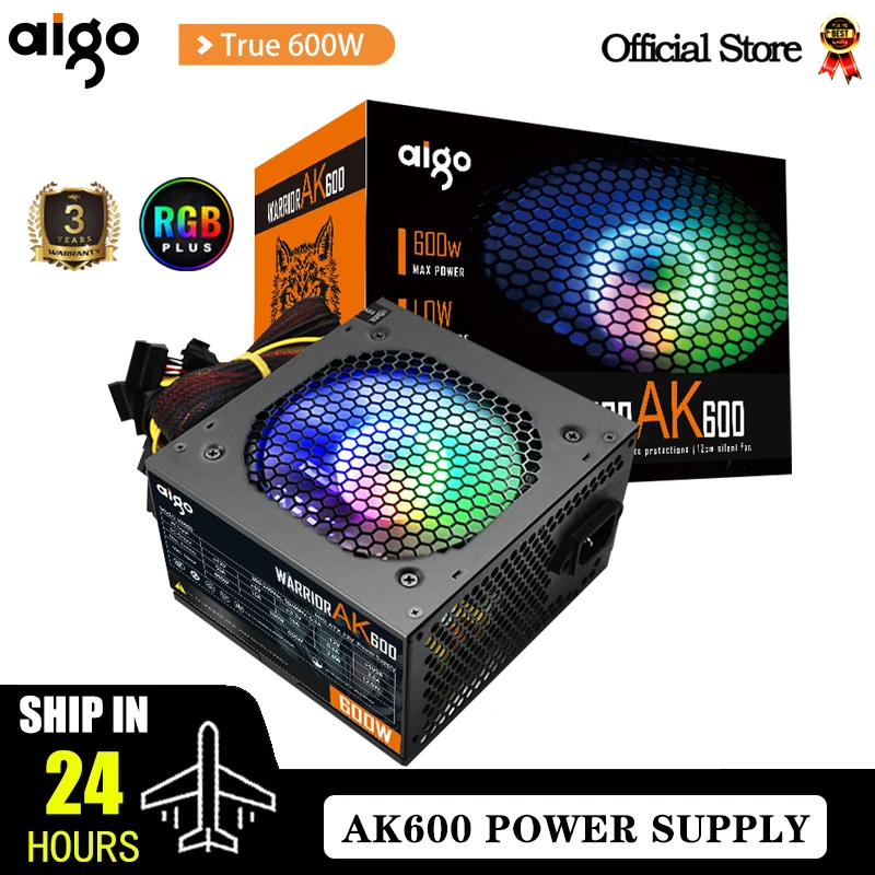 Aigo ak-ゲーミング電源ユニット,600W,黒色,120mm rgb,24ピン,12v,デスクトップ電源,btc用