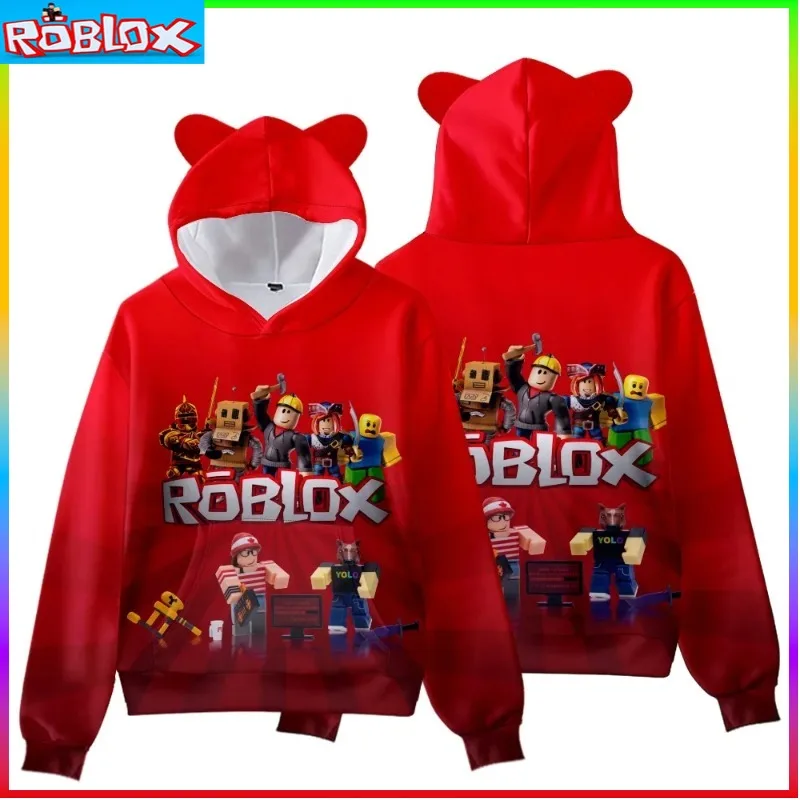ROBLOX 子供服猫耳フード付きデジタルプリントフード付きトレーナー子供のための小さな綿子供冬 2024 ファンタジー