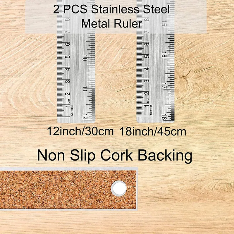 Metal Ruler Non-Slip Ruler With Cork Backing:(12+18 Inch) Stainless Steel Ruler Non-Slip Rulers With Inch And Centimeters