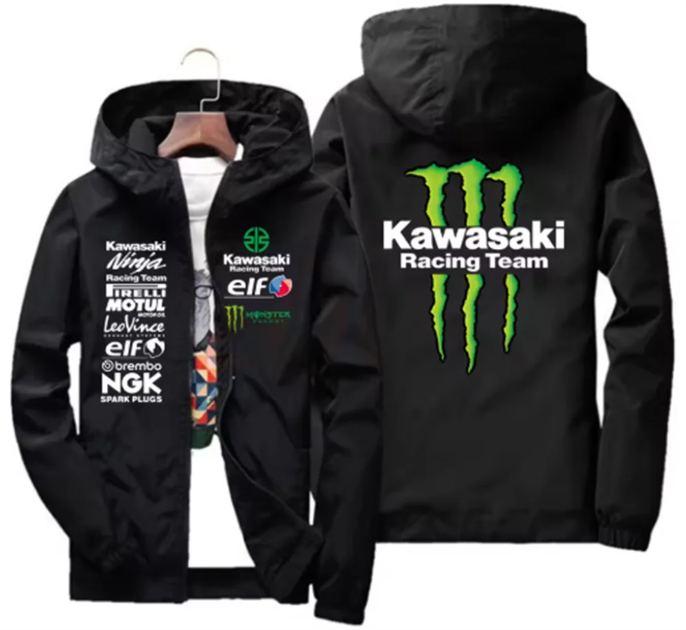 Racing team jacket with Kawasaki logo, men's waterproof and windproof sportswear, 2025 new outdoor fashion fan jacket event