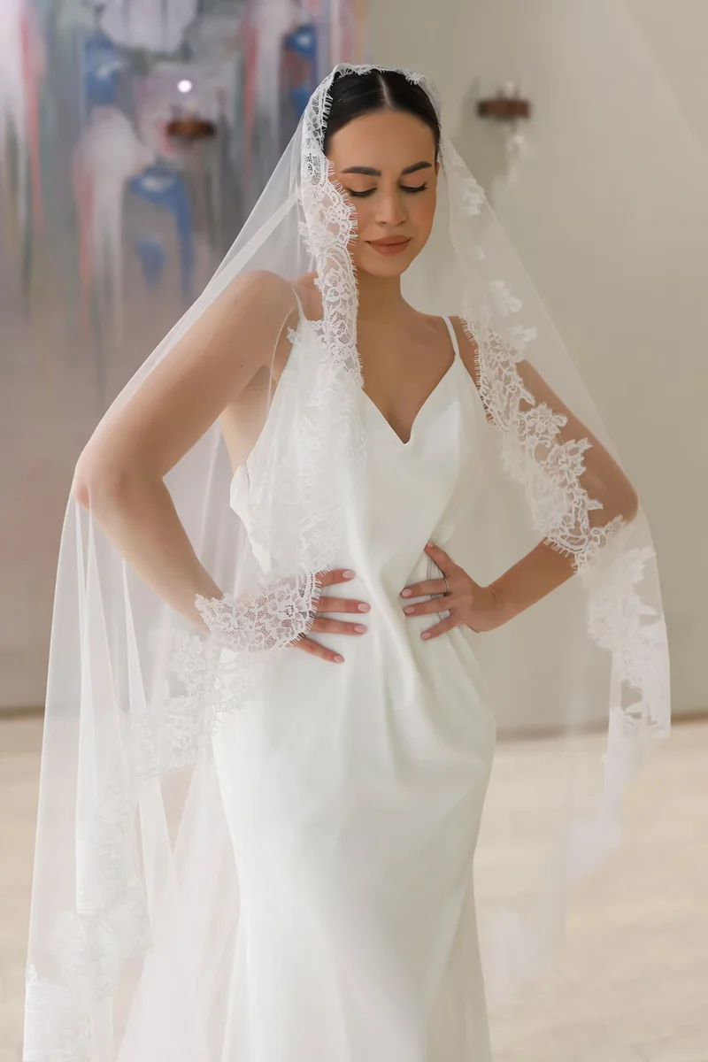 Véu de renda mantilla, véu de noiva de uma camada com acabamento em renda, véu de casamento longo catedral