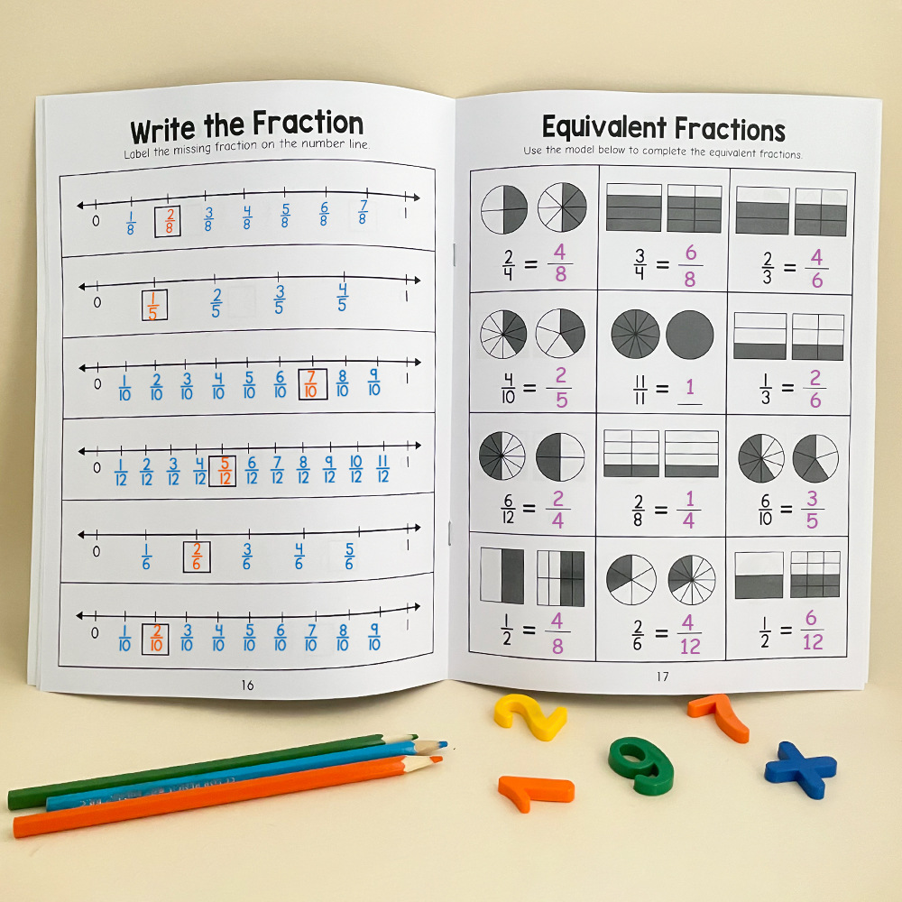 Libro de ejercicios de formación para aprender y practicar fracciones básicas, material didáctico para profesores, libro de prueba cognitiva de matemáticas para escuela primaria