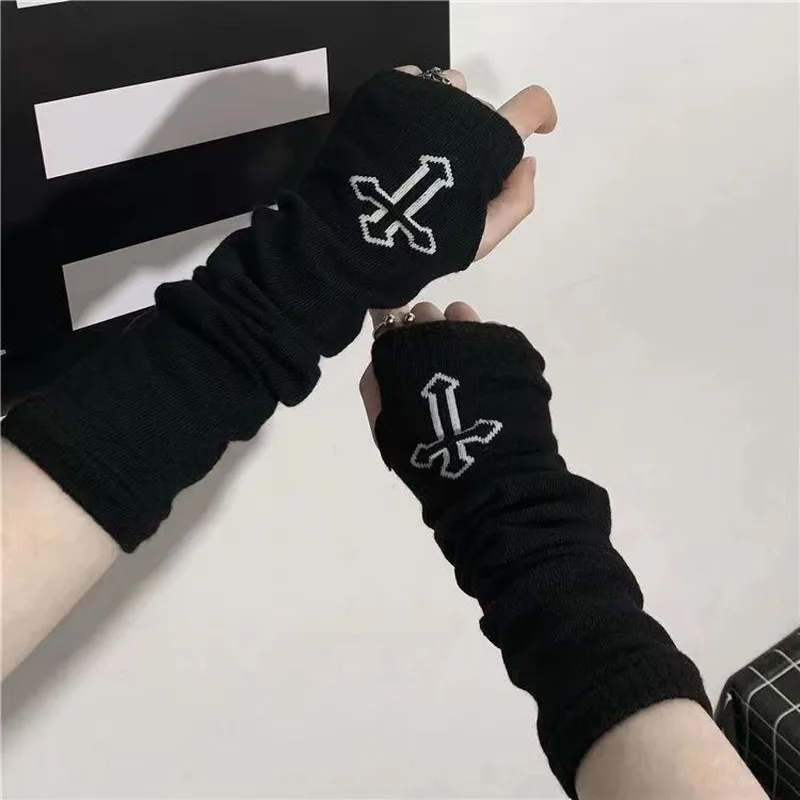 펑크 크로스 펜타클 문 패턴 긴 핑거리스 장갑 고딕 블랙 커프 여성 남성 닌자 야외 Cos 팔꿈치 장갑 팔 따뜻하게