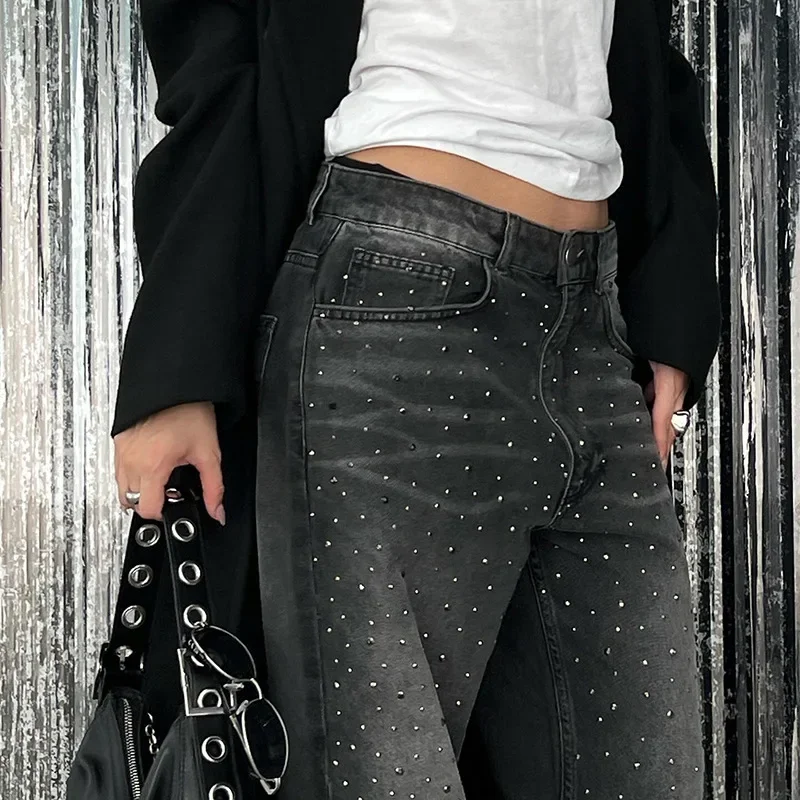 สีเทา Basic Rhinestone กางเกงยีนส์ผู้หญิงแฟชั่นสบายๆกางเกง All-Match ตรงกางเกงกระชับด้านล่างเสื้อผ้าฤดูหนาว