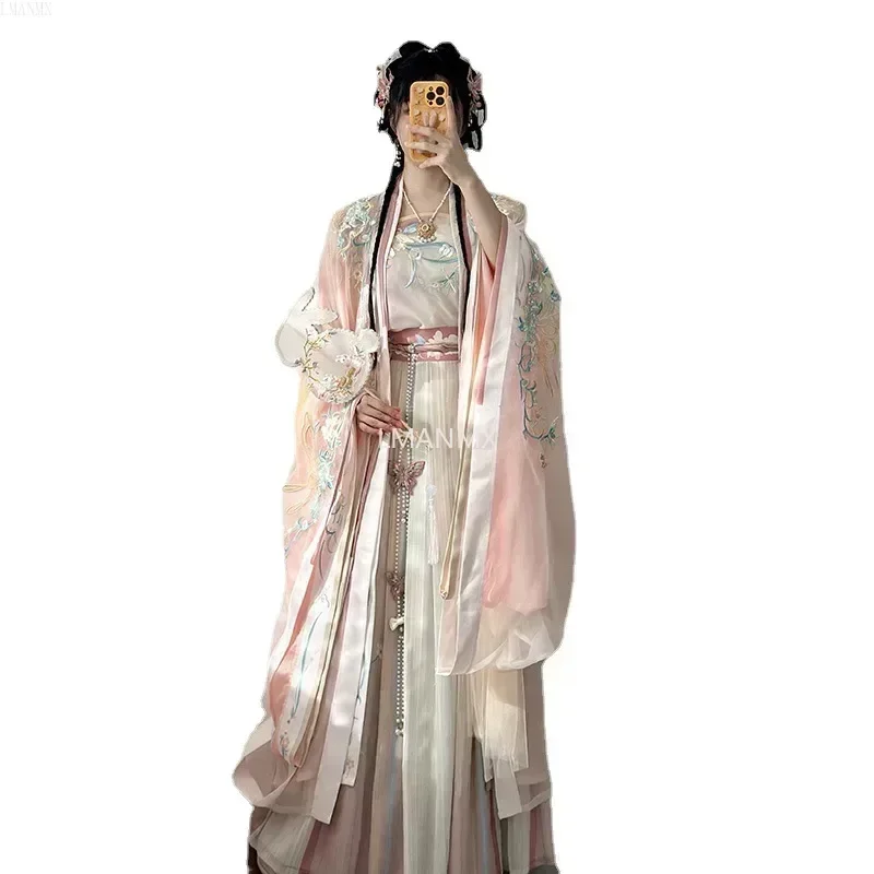 2025 Hanfu 자수와 그라데이션 색상의 세련된 중국 스타일 드레스, 여성을 위한 독창적인 디자인