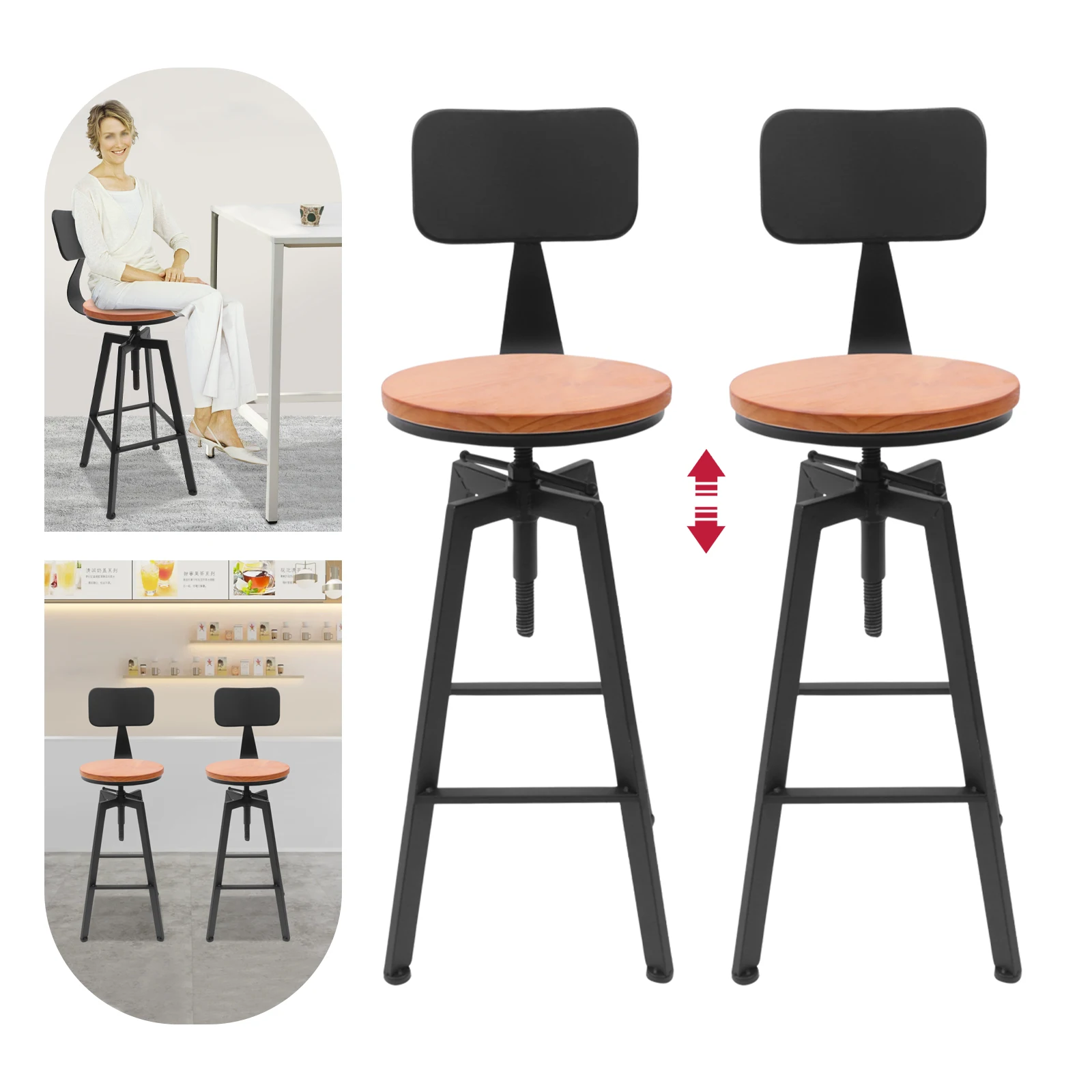 2 x banco de bar redondo de madeira com encosto e apoio para os pés design retrô industrial ajustável 64-84 cm banco de apoio para os pés banqueta de balcão
