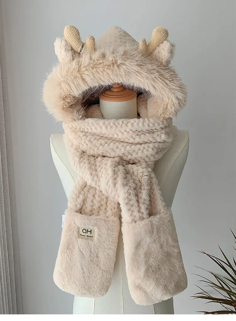 Gorro de felpa con astas de alce para mujer, bufanda, guantes, Protector de orejas de invierno, gorro de Lei Feng grueso, gorro de esquí para ciclismo a prueba de viento