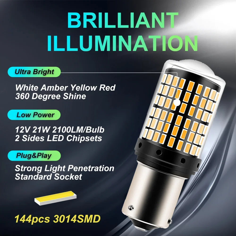 1pc 12V-24V Signal lumineux 1156 BA15S P21W 1157 BAY15D P21/5W T20 7443 W21/5W 7440 W21W 144LED ampoule frein de voiture lampe automatique clignotant