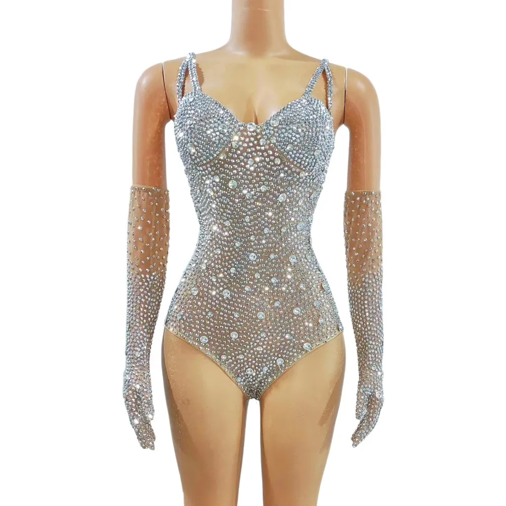 Glamouröses Outfit für Geburtstagsfeiern und Bühnenaufführungen: Funkelnder, sexy Overall mit Strasssteinen und hohler Taille für Prominente, Partykleid