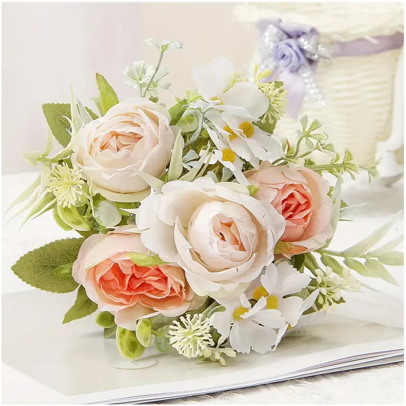 Bouquet di fiori di peonia artificiale, fiori primaverili estivi finti all'aperto, bouquet di fiori finti al tocco reale, festa di nozze