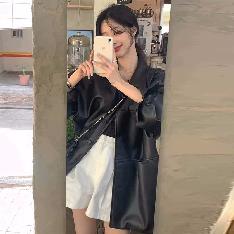 Slish Loose Women's Faux Leather Jacket Single Button Flip Collar Long Sleeve Commute Friendly Outerwear Fashionable Coat