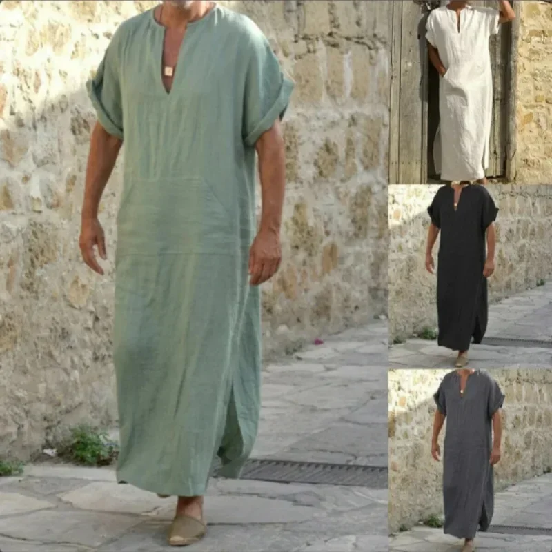 Ew modelos de primavera e verão masculino estilo muçulmano robe simples sólido all-match pequeno decote em v linho confortável manga curta robe