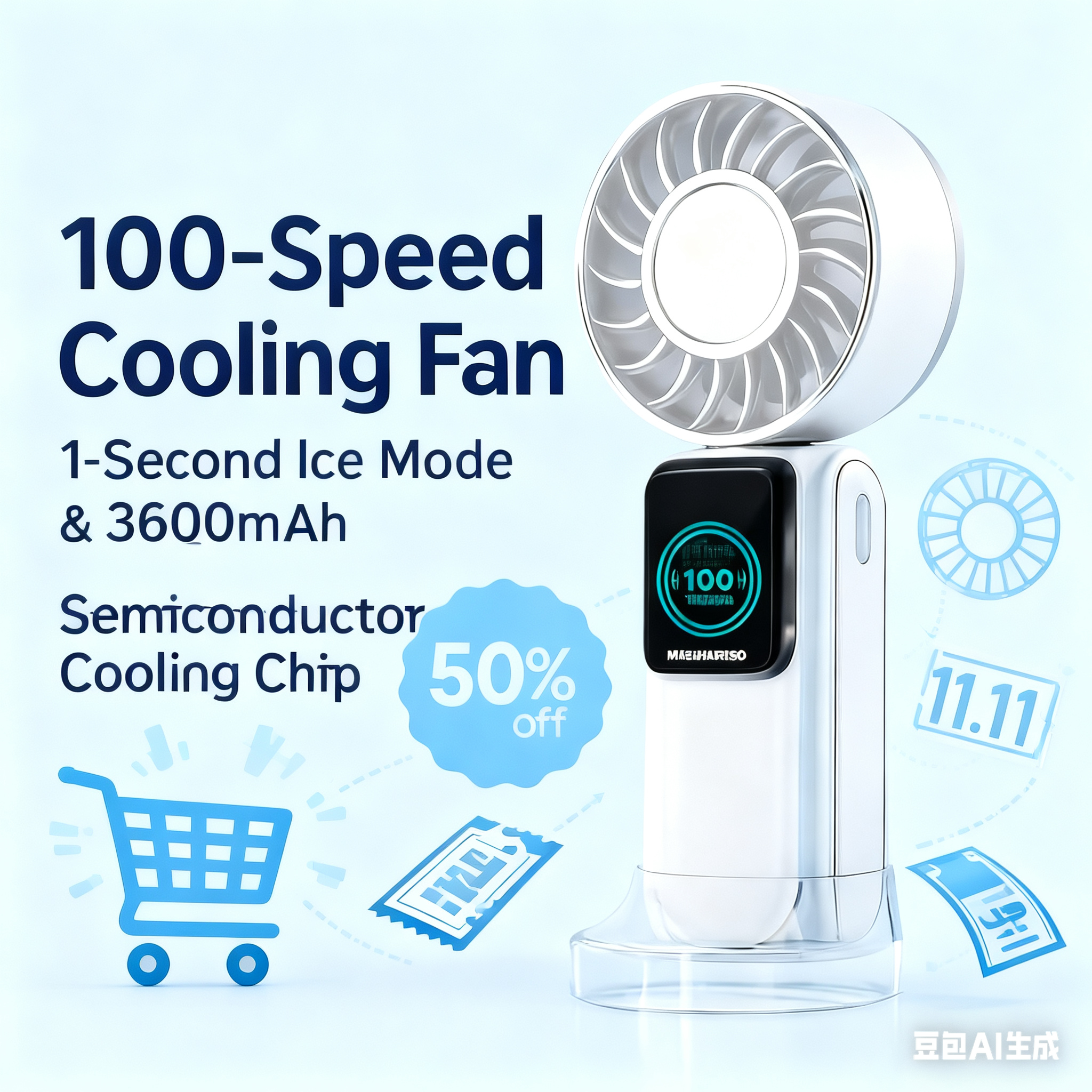 Ручной охлаждающий вентилятор, 100 скоростей, аккумулятор 3600 мАч, бесшумное охлаждение одним касанием, складная подвеска на шею и подставка для телефона