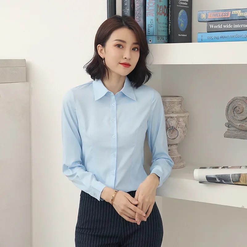 เสื้อทำงานแขนยาวแบบไม่มีเหล็กยืดทรงสลิมสำหรับผู้หญิง2024สีขาวเสื้อเชิ้ต