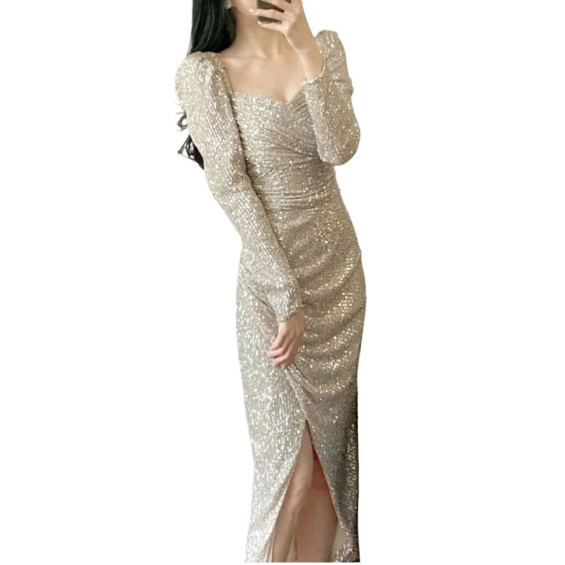 Vestido de noche champán para mujer, nuevo temperamento, ligero, de lujo, prueba de artes pequeñas, vestido de compromiso para banquete de sentido superior, presentador