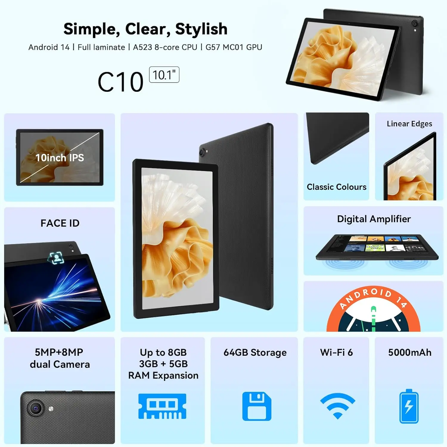 Urao 10 Polegada tablet android 14 8gb (3 + 5 expandir) ram 64gb rom 1tb expandir 1280x800 tela ips 5000mah bateria câmeras duplas wifi 6