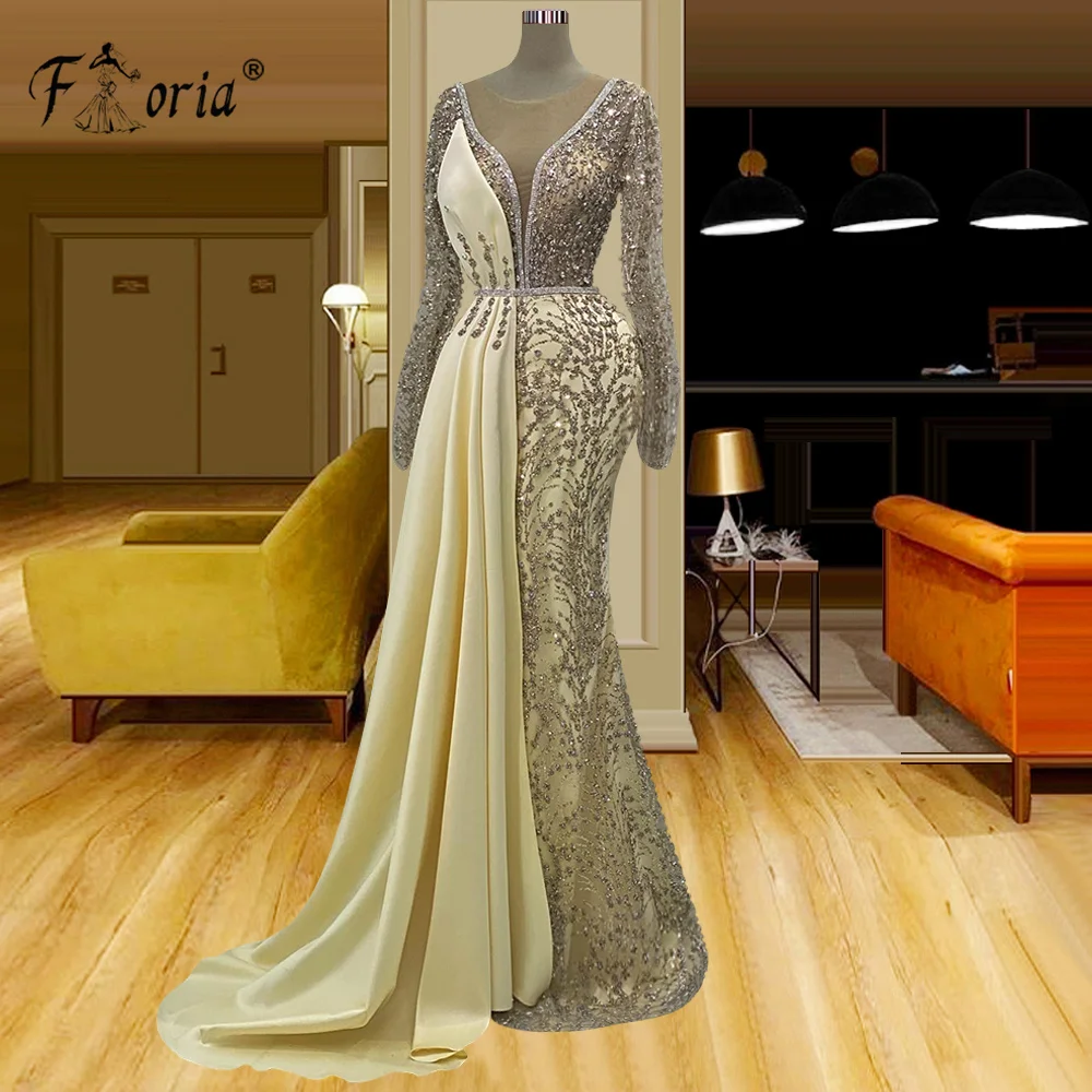 Delicate Kristallen Pailletten Zeemeermin Avondjurk Volledige Staaflijst Lange Mouwen Champagne Prom Dress Dubai AsoEbi Vrouw Robe De Soiree