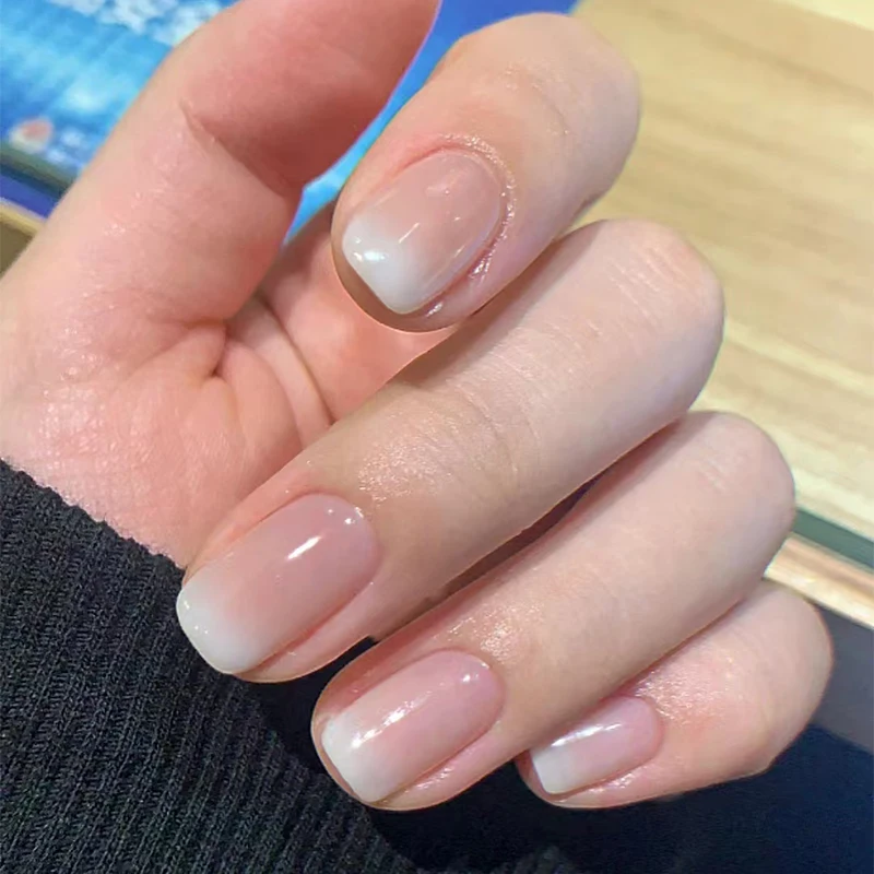 Envolturas de uñas de Gel completamente curadas desnudas, pegatina de larga duración sin lámpara, calcomanía de uñas francesa, pegatina impermeable para uñas Omber, 16 puntas