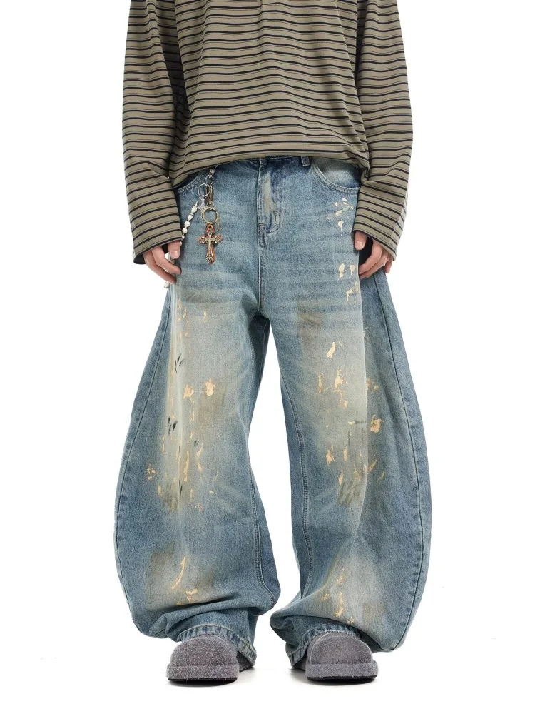 2025 Cyber Y2K Streetwear Paint Graffiti Blue Baggy Jeans Hose für Männer 90er Jahre Vintage Kleidung Distressed Wide Leg Denim Hose