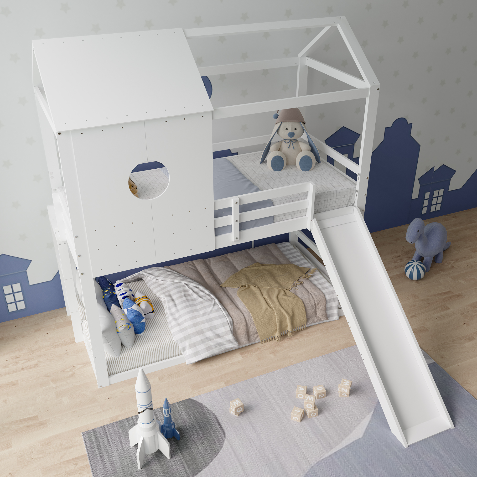 Lit superposé enfant Lazyspace, avec toboggan, lit superposé blanc avec toit, avec protection complète et sommier à lattes, 90 x 200 cm