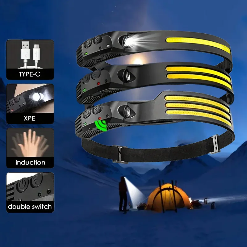 Linterna frontal LED COB de inducción, recargable por USB, batería integrada, linterna frontal con Sensor para acampar al aire libre, luz de pesca