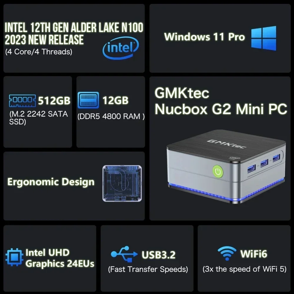 New! GMKtec G2 Mini PC Windows 11 Pro Intel 12th Gen Alder Lake N100 Mini PC DDR5 12GB RAM 512GB ROM WiFi 6 BT5.2 Desktop Comput