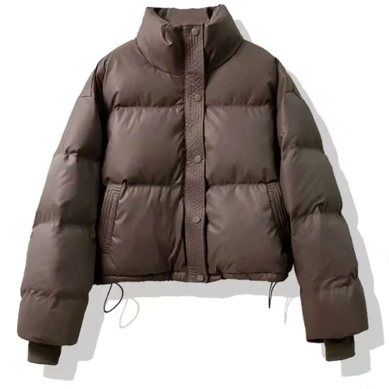 2024ฤดูหนาวใหม่PUหนังผ้าฝ้ายเบาะCoat Warm Coatsเอวสูงเสื้อแจ็คเก็ตผู้หญิงหลวมสบายๆลงแจ็คเก็ต
