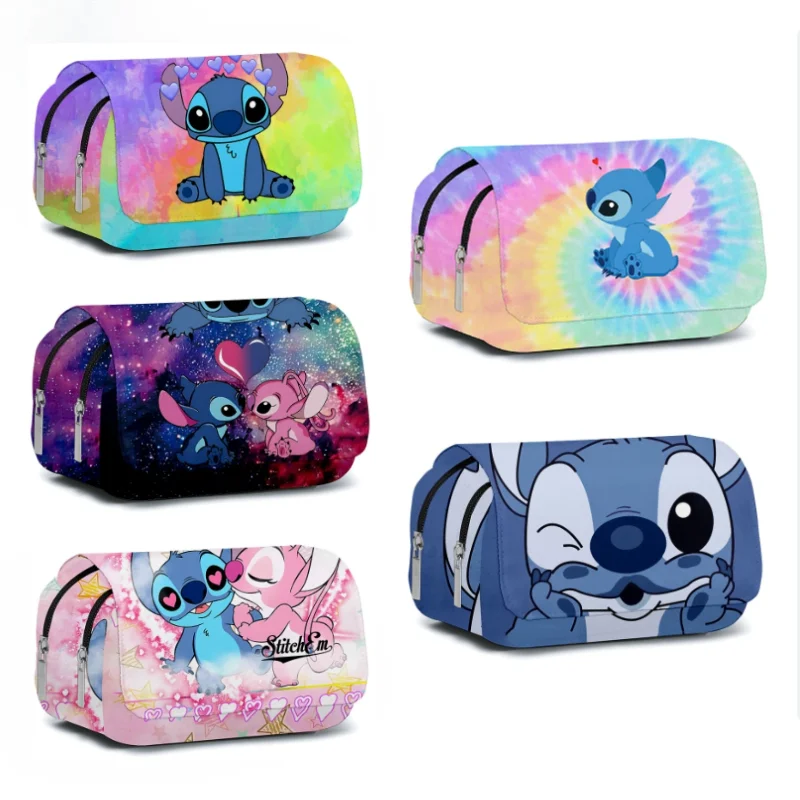 Borsa per penne Stitch Scatola per cancelleria Astuccio per matite di grande capacità per cartoni animati Simpatico anime Borse con patta completamente stampate Borsa da scuola per studenti