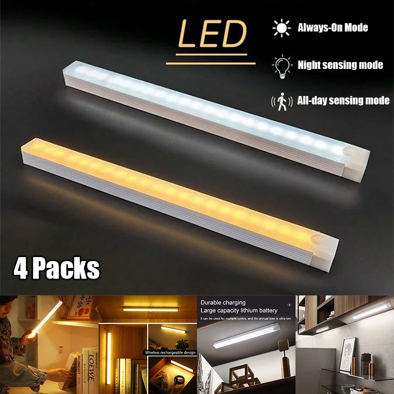 Lampada da bar a LED da 4 pezzi Lampada da armadio con sensore di movimento ricaricabile wireless, ideale per armadio, cucina, guardaroba, scale, luce notturna per corridoio