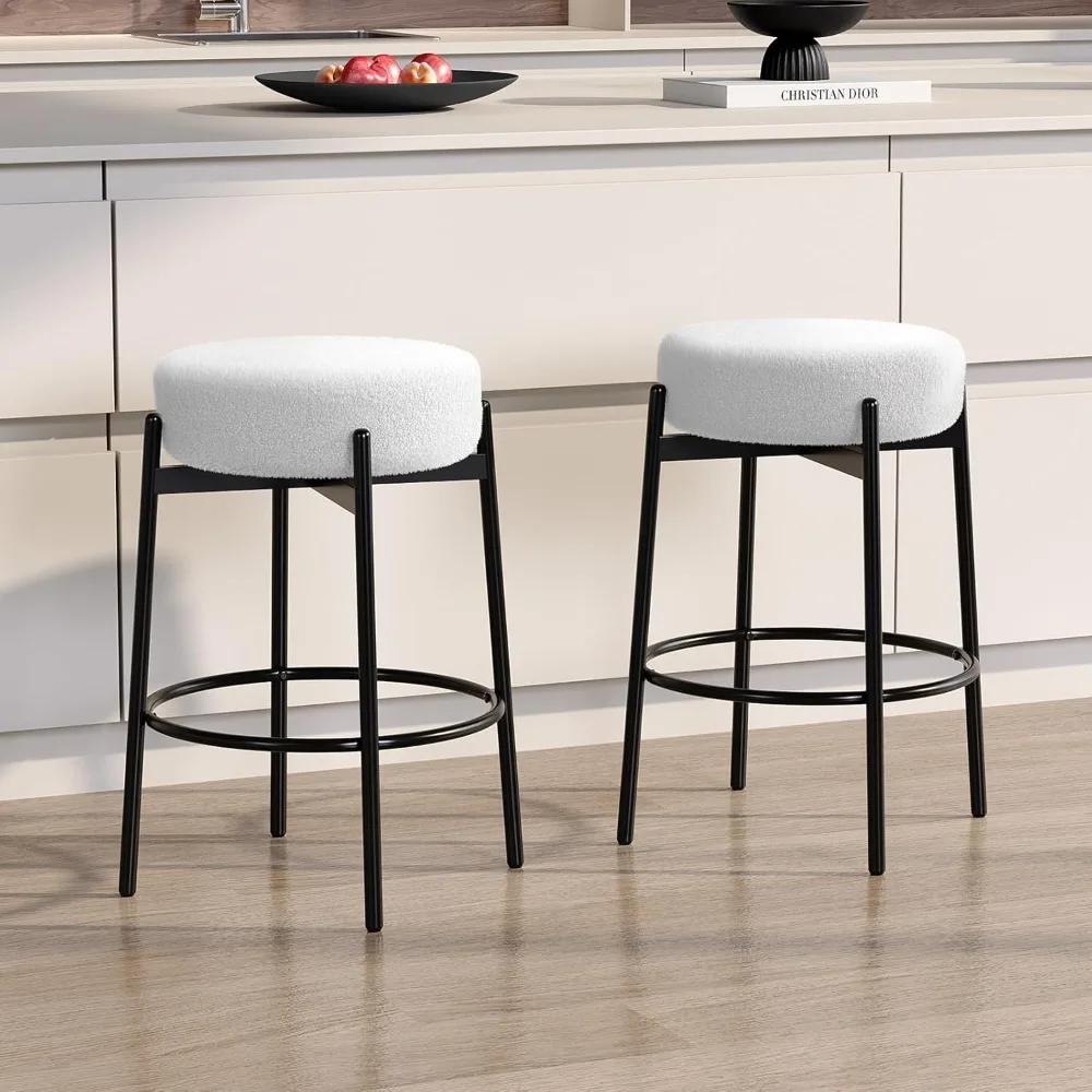 Swivel Round Barstools 24" H Set of 2, Teddy Wool Upholstered Barstool, Backless Kitchen Island Stool, Counter Height Stool