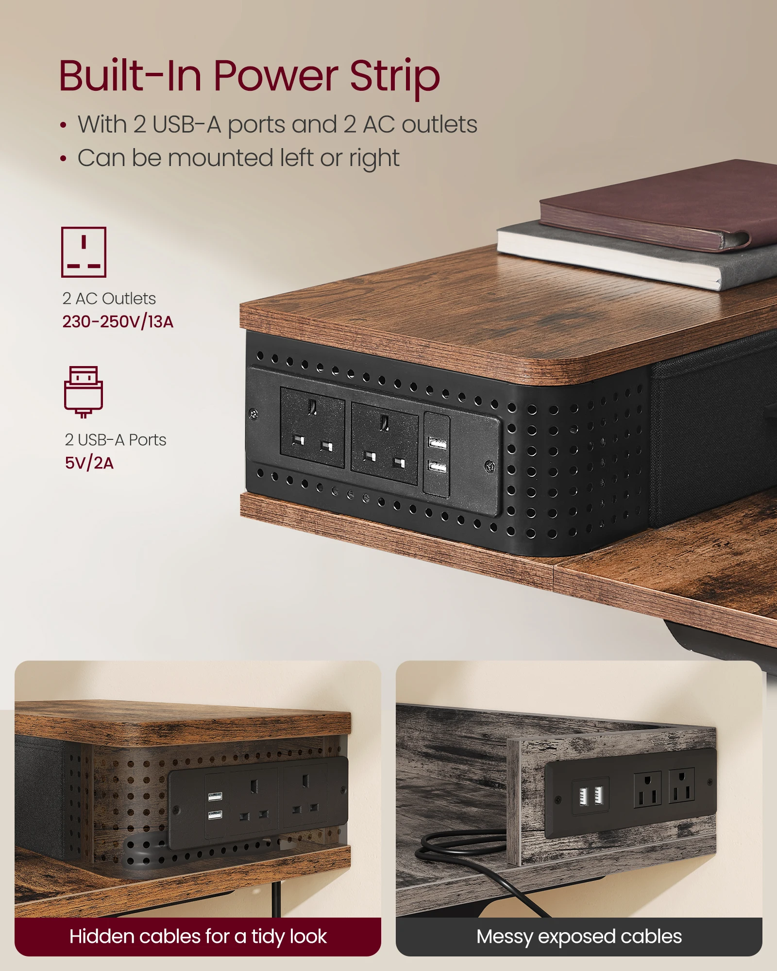 VASAGLE Electric Standing Desk with Built-In Power Strip, 60 x 120 x (72-120) cm, Adjustable Height