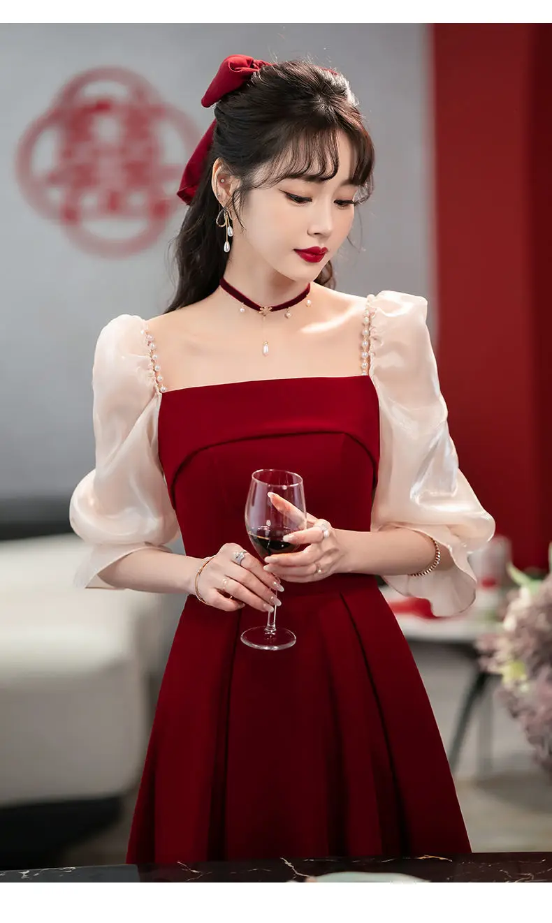 ワインレッドの高級サマードレス、小さな夏のスカート、トーストドレス、花嫁のために、毎日の婚約ドレスに着用、2021